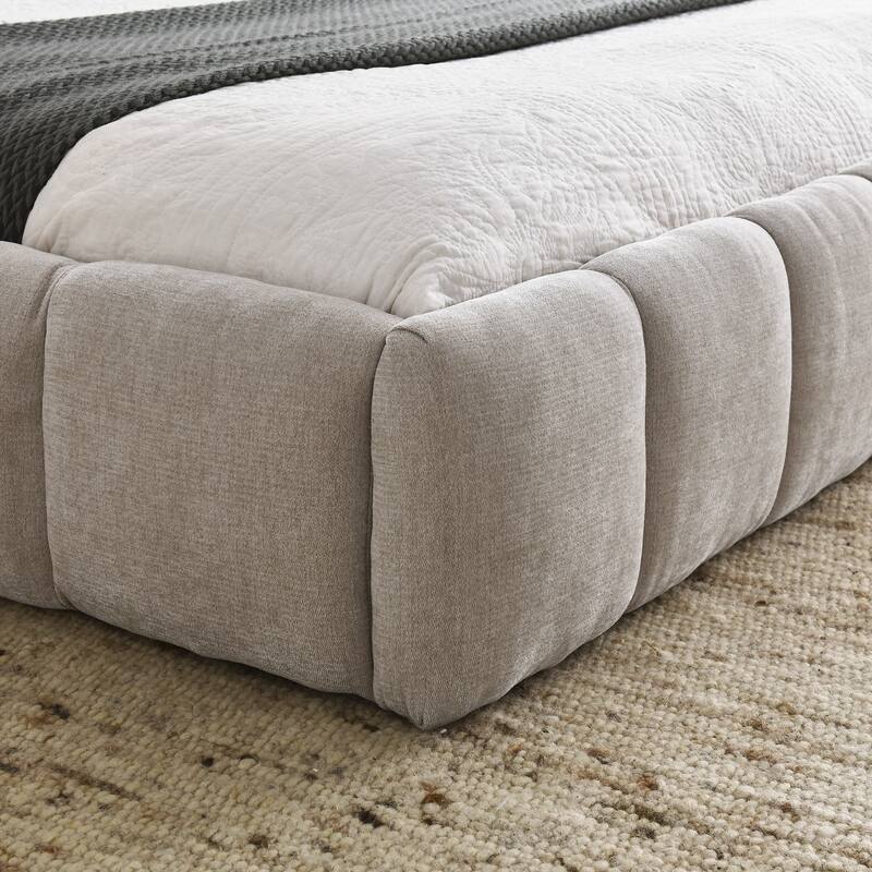 Block Thick Chenille Low Profile Platform Bed Fabric Upholstered Bedframe with Headboard Solid Wood Frame - Optional Storage Bed