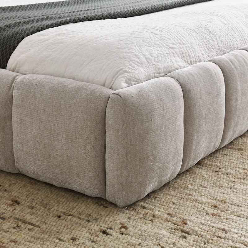 Chenille Fabric Grounded Queen Size Platform Bed with Headboard and Solid Frame