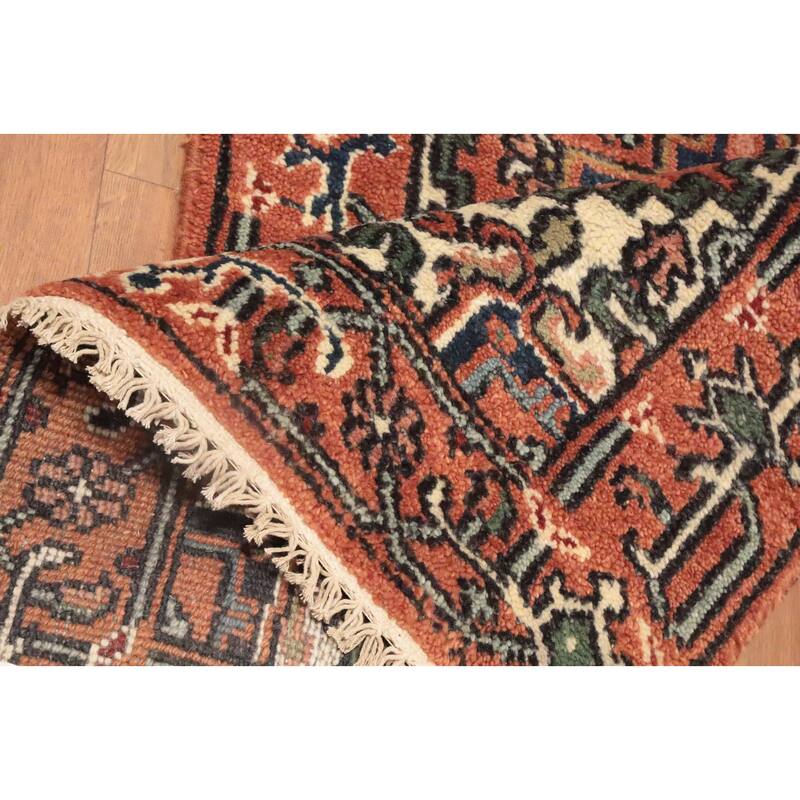 Hand Knotted Oriental 100% Wool Carpet Traditional Geometric Oranges & Rust Heriz (serapi) Runner Rug - 10' 1'' X 2' 7''