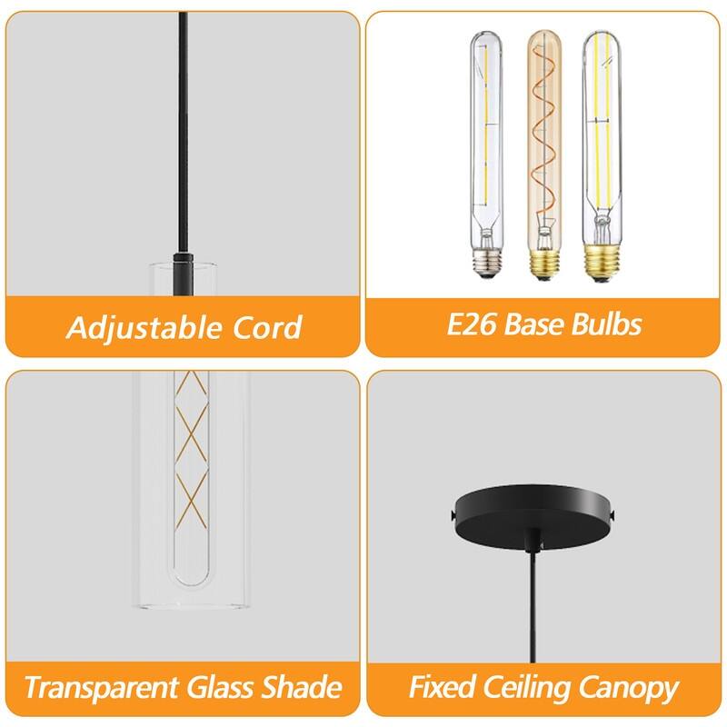 Modern Black Glass Pendant Lights (Set of 3) Adjustable for Kitchen, Dining & Living Areas (No Bulbs)