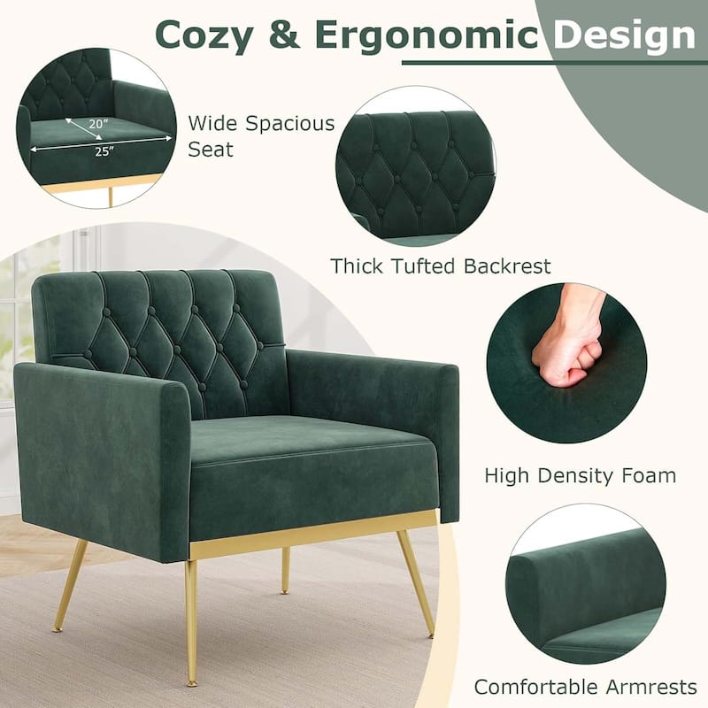Modern Velvet Accent Chair Upholstered Single Sofa Chair Armchair