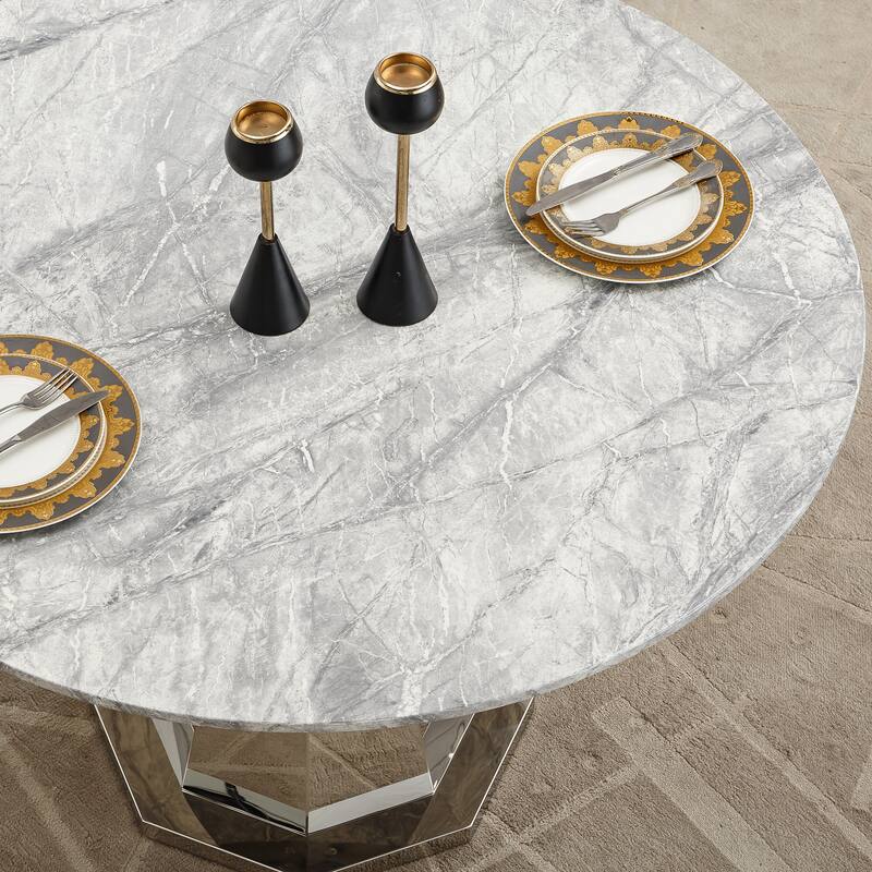 GDFStudio - Jane Series 47" Round Marble Dining Table and Stainless Steel Base for Dining Room, Kitchen