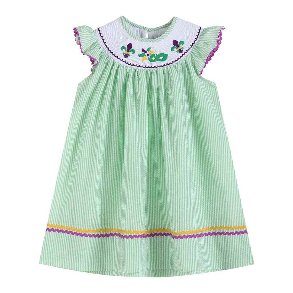 Lil Cactus Green and Purple Mardi Gras Smocked Bishop Dress