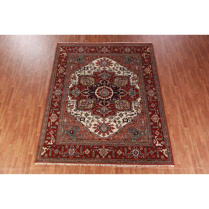 Hand Knotted Oriental 100% Wool Carpet Traditional Medallion Beige & Ivories Heriz (serapi) Area Rug - 10' 0'' X 7' 11''