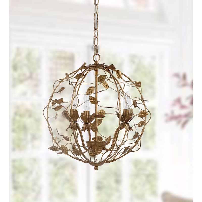 SAFAVIEH Lighting Austen Adjustable 3-light LED Gold Leaf Cage Chandelier - 17" x 17" x 20.75-92.75"