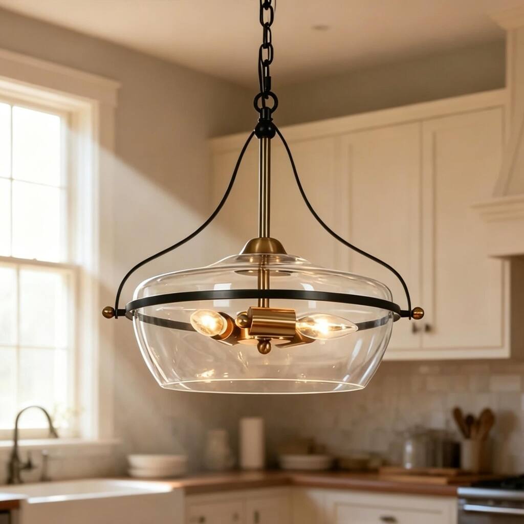 Zelena Modern Farmhouse Black Gold Chandelier 3-Light Pendant Light for Kitchen Island Dining Room with Clear Glass