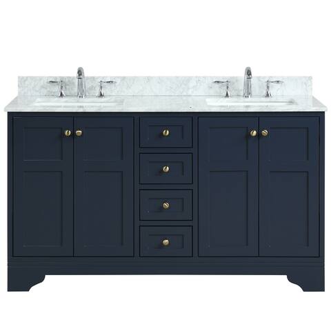 60 inch Double Bathroom Vanity, Navy Blue with Carrara Marble Top