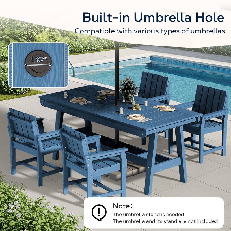 HDPE Patio Dining Set with Rectangular 67.91in W Table with Umbrella Hole and 4 Chairs - N/A