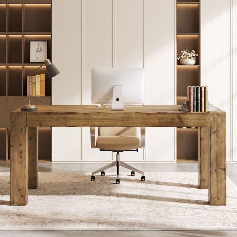 63-Inch Solid Wood Computer Desk, Large Executive Desk for Home Office
