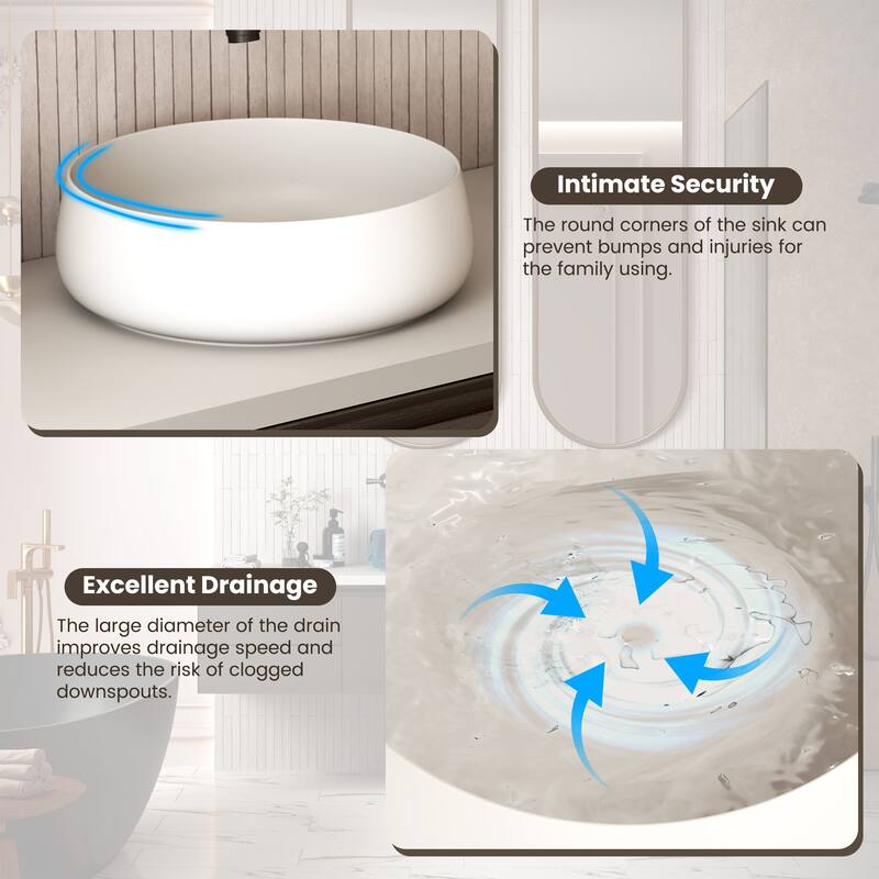 Solid Surface Vessel Bathroom Sink with Pop-Up Drain and Drain Hose, Modern Above Counter Wash Basin with Center Drain
