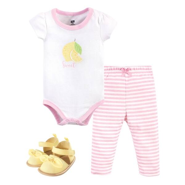 slide 1 of 1, Hudson Baby Infant Girl Cotton Bodysuit, Pant and Shoe 3pc Set, Pink Lemon 0-3 Months - Pink Lemon