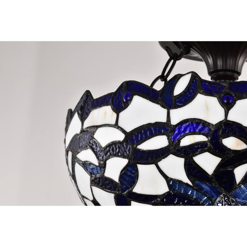 Vayne Blue/White 2-Light Stained Glass Bowl Shade Tiffany-Style Semi-Flush Mount