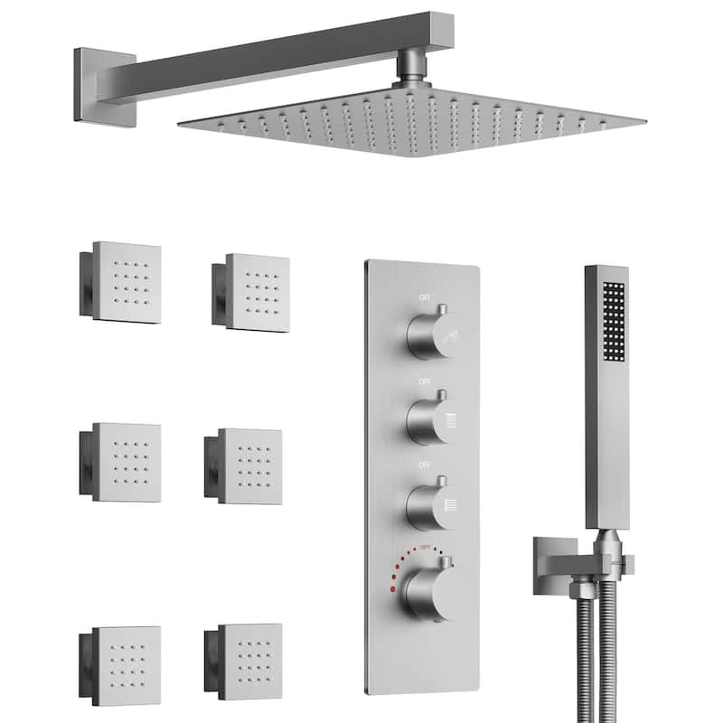 GRANDJOY Thermostatic Shower Faucet Set 12 inch Wall Mount Rainfall Shower Head with 6 Body Jets and Handheld Spray Combo - Brushed Nickel