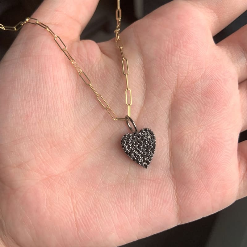 Joelle Collection Black Diamond Heart Necklace 14K Gold on 16-inch Paperclip Chain