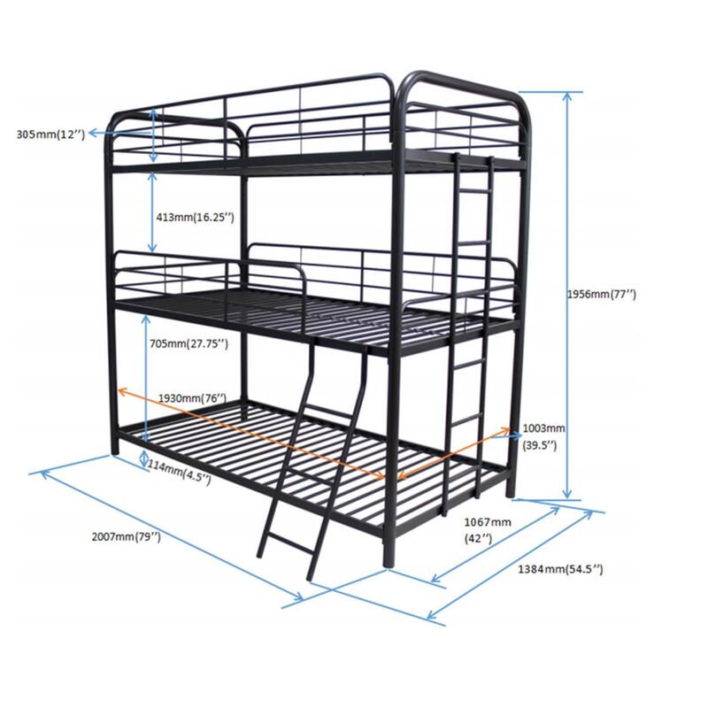 Twin/Full Over Full Triple Bunk Bed, Modern Steel Frame, Noise-Free, Black