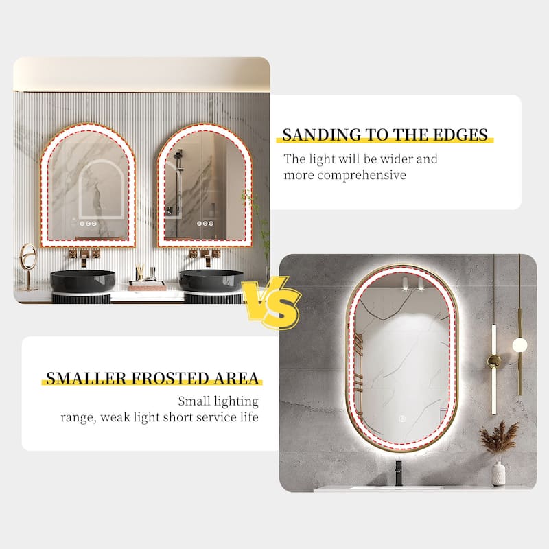 Gold Bathroom Arch LED Vanity Mirror Anti Fog Dimmable Memory 3 Colors - 36"x24"x1.6"