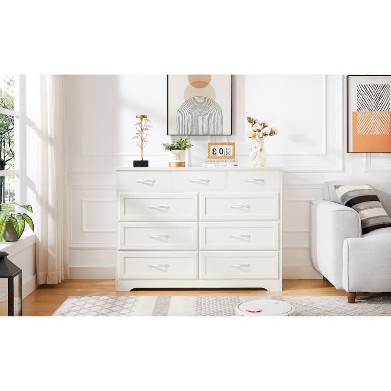 9 Drawer Long Dresser With Antique Handles
