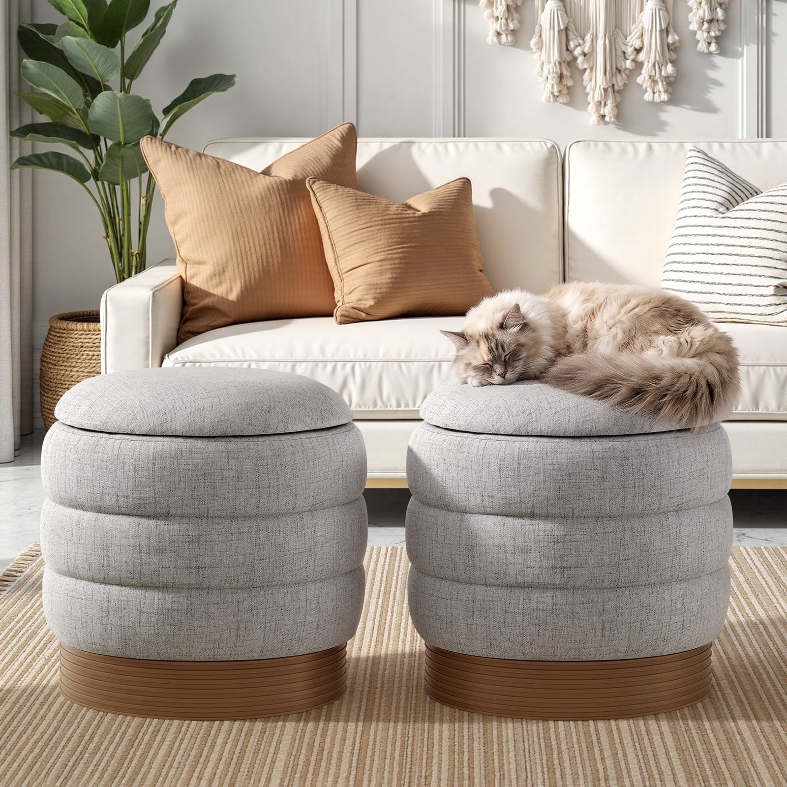 Round Swivel Storage Ottoman Footrest Linen Upholstered Accent Seat with Tray Top, Fully Assembled and Acacia Wood