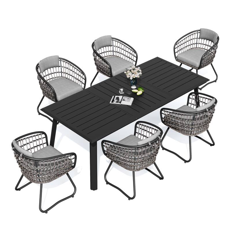 7PC Outdoor Aluminum Dining Table with Umbrella Hole with Rattan Chair