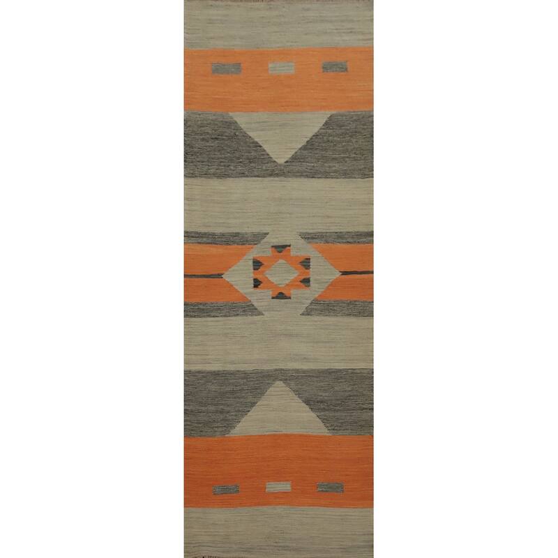 Hand Woven Oriental 100% Wool Carpet Southwestern Modern Greys & Charcoal Kilim Runner Rug - 9' 8'' X 2' 6''