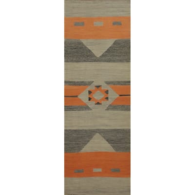 Hand Woven Oriental 100% Wool Carpet Southwestern Modern Greys & Charcoal Kilim Runner Rug - 9' 8'' X 2' 6''