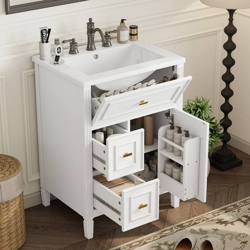 24" Bathroom Vanity with Sink, Bathroom Vanity Cabinet with One Flip Drawer and Two Drawers, Adjustable Shelf