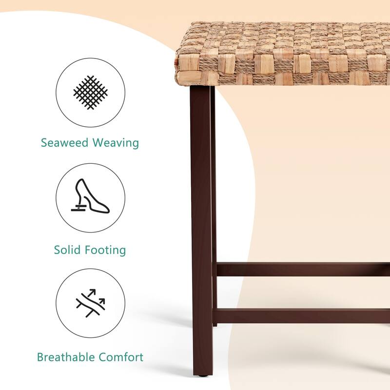 Set of 3 Handwoven Seagrass Bar Stools - 26.3" Height Adjustable, Solid Rubberwood Legs