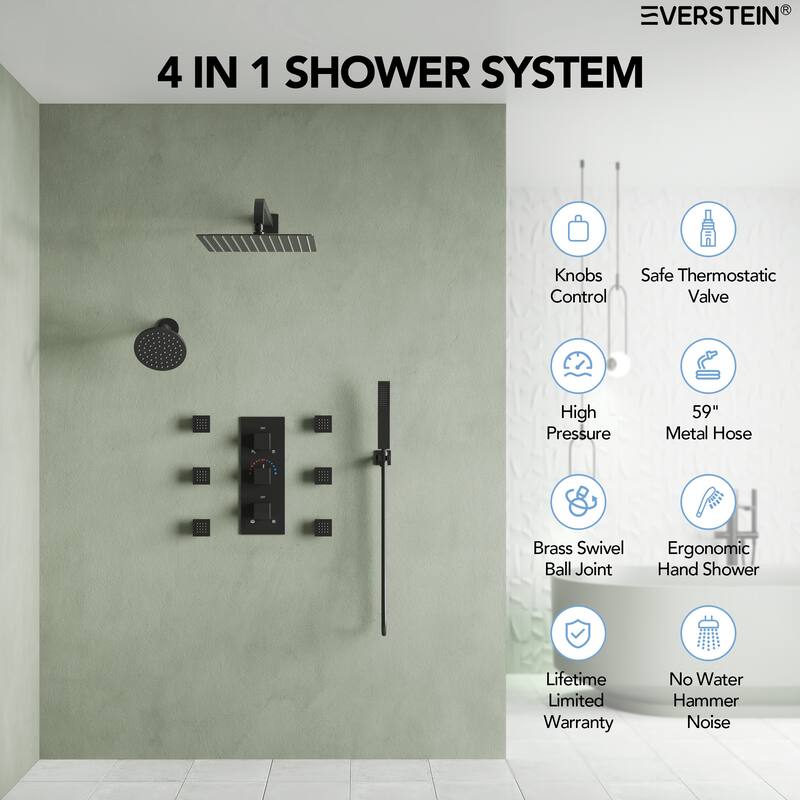 Thermostatic Dual Shower System 12" and 6" Rainfall Shower Head with 6 Body Jets & Handheld Shower