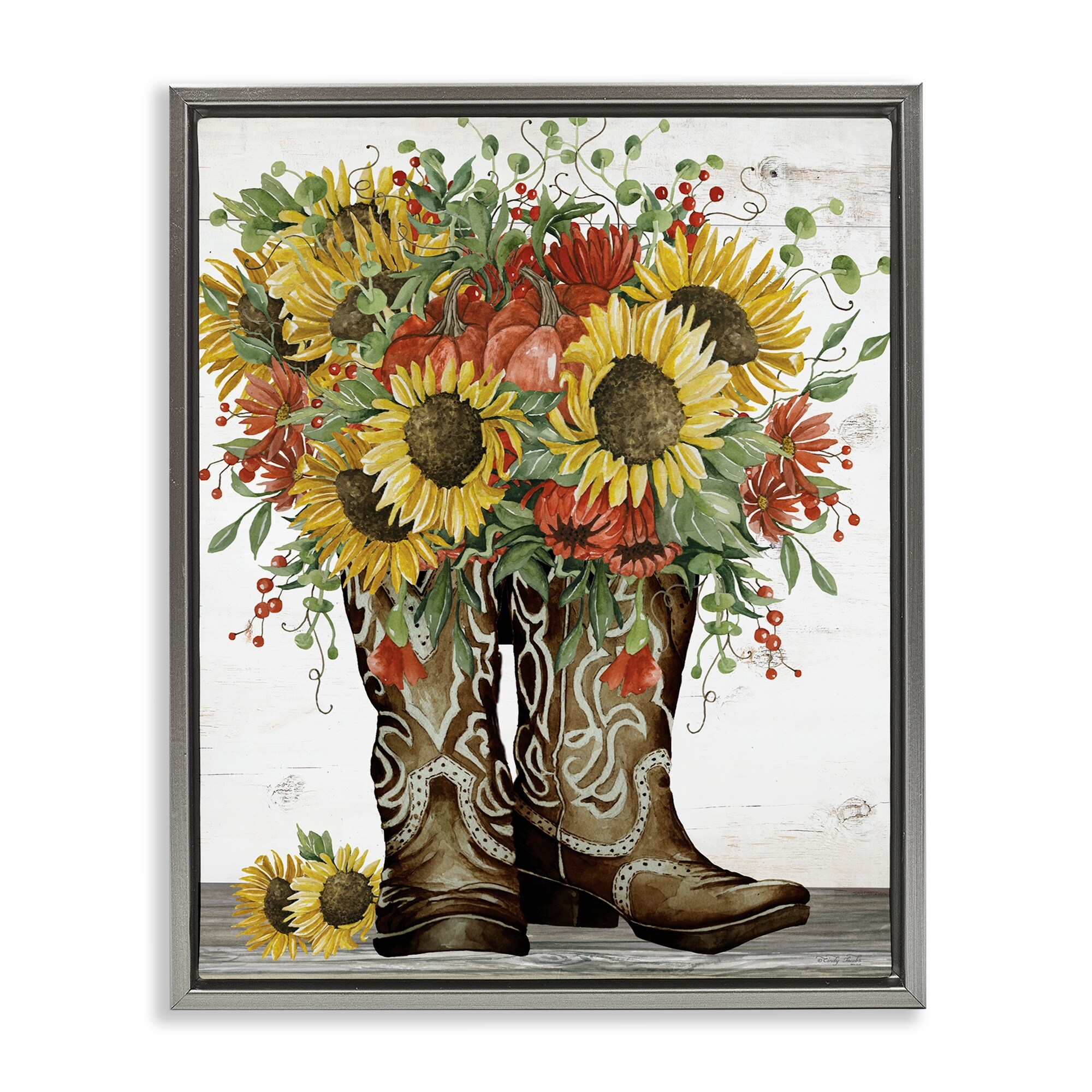 Stupell Sunflowers in Western Boots Framed Floater Canvas Wall Art Design By Cindy Jacobs