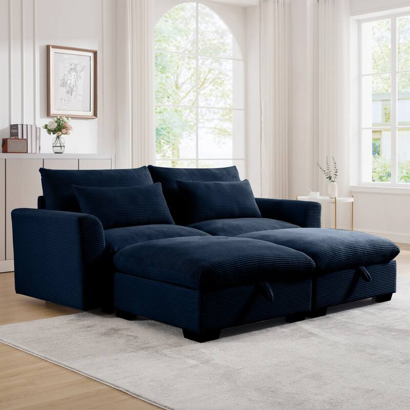 2-Seat Corduroy Modular Loveseat Sofa with Waist Pillow - Blue - 2-Seat+2 Ottoman