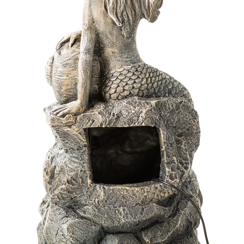 Glitzhome 22"H 4-Tiered LED Lighted Mermaid Fairy Polyresin Outdoor Floor Statue Fountains