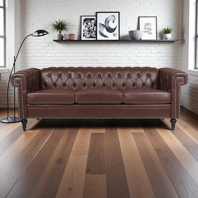 83.66" PU Leather Square Arm 3-Seater Sofa with Removable Cushions, Pocket Spring Support, and Studded Trim