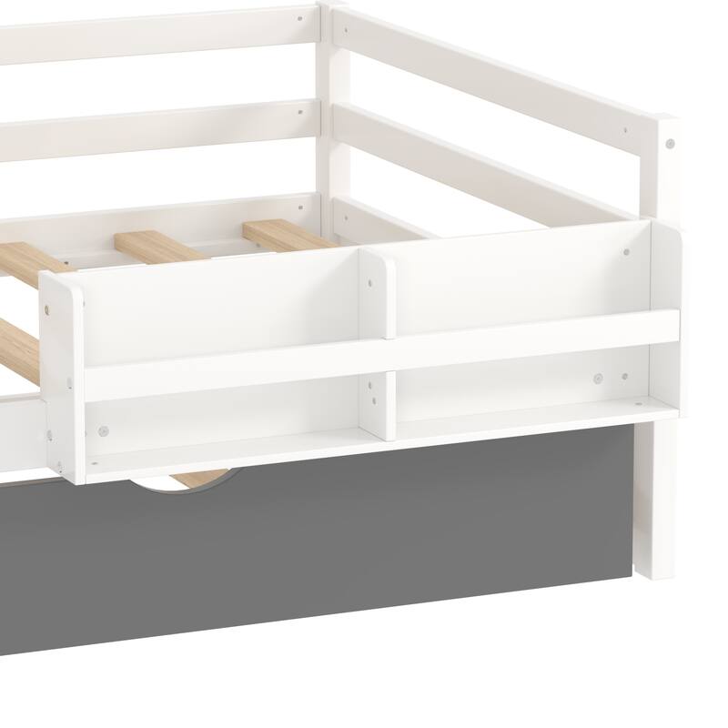 Multifunctional Twin Size Wood Platform Bed with Bookshelf, Wardrobe, and Trundle, White