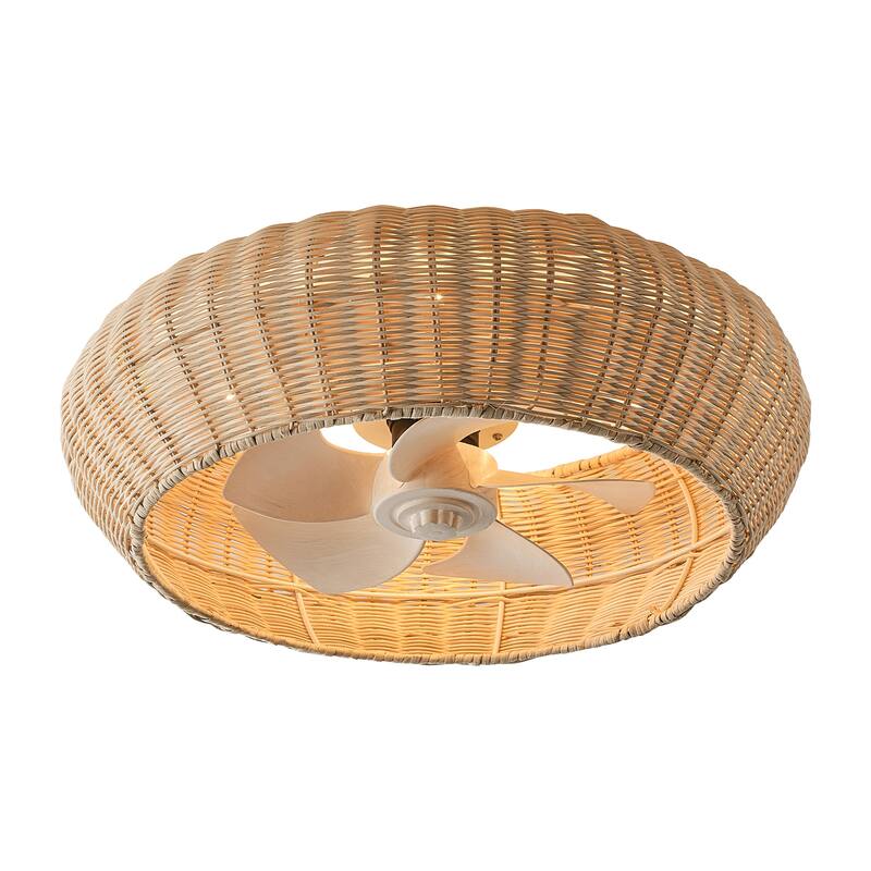 20-inch Boho Distressed White Chandelier Flush Mount Ceiling Fan with Remote and Hand-Woven Rattan Shade - 19.7" W x 7.08" H