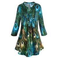 Women's Tunic Top Green & Blue Peacock Feathers Pleated Blouse Pleated Bodice