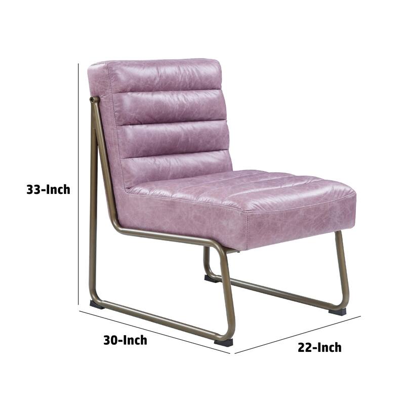 22 Inch Top Grain Leather Accent Chair, Metal Frame, Tufted Channel, Purple