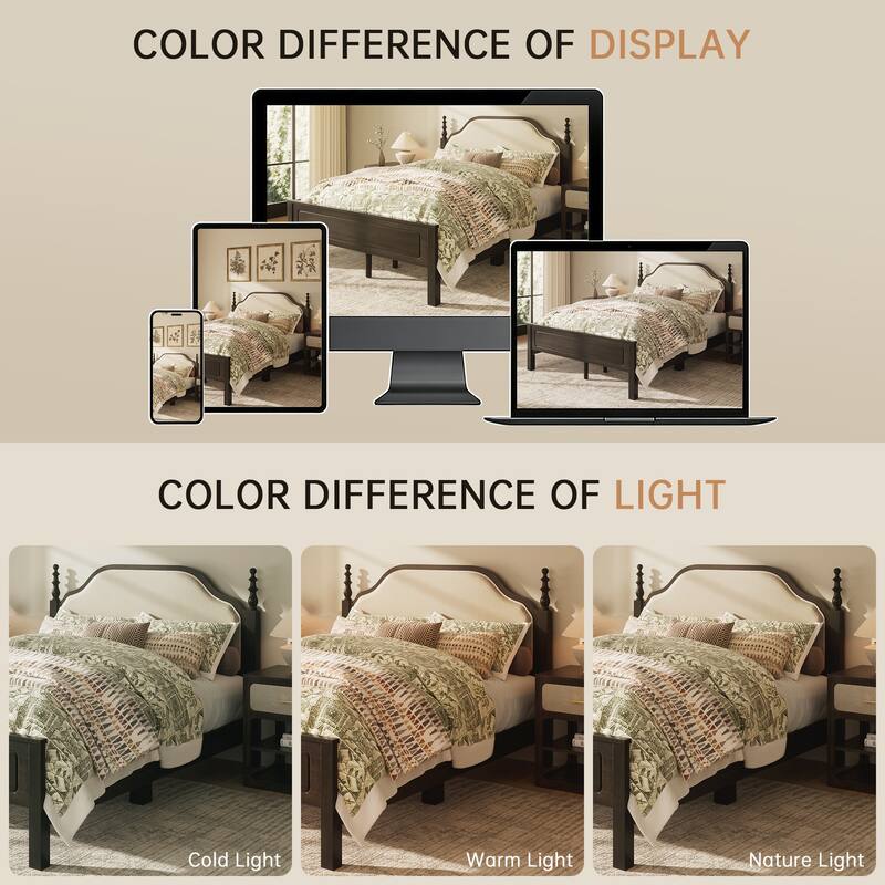 Classic Turned Post Wood Bed Frame with Upholstered Headboard, Sturdy Screw-Free Slats and Noise-Free Support