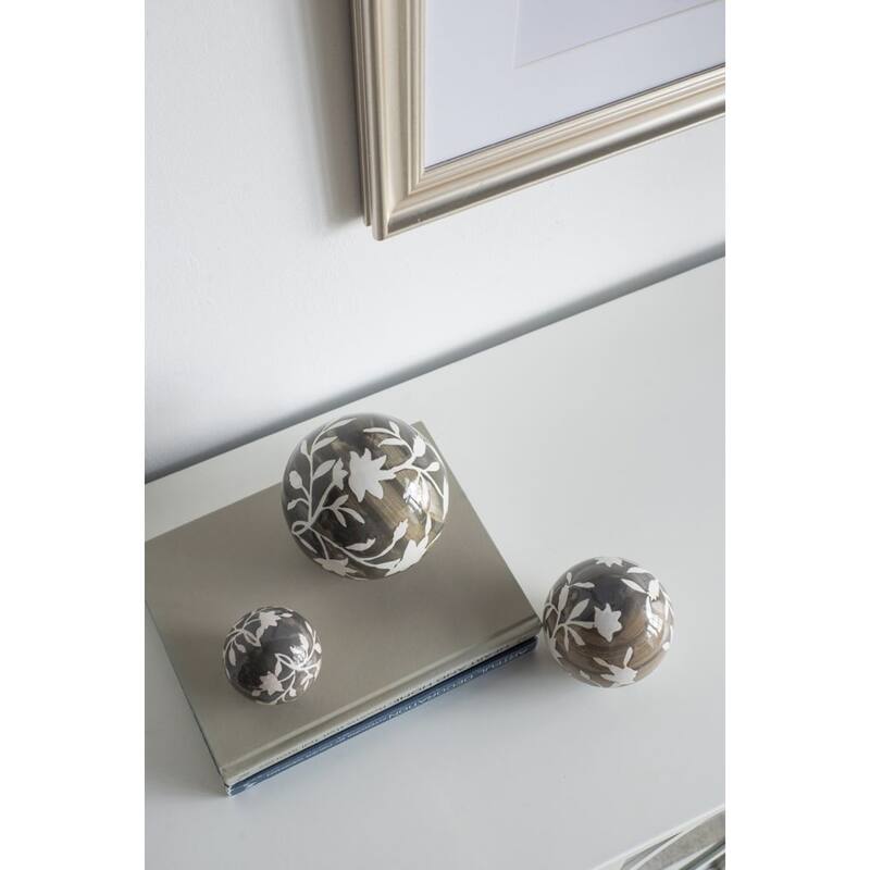Floral and Leaf Orb Decorations - 5" - Brown and White - Set of 3