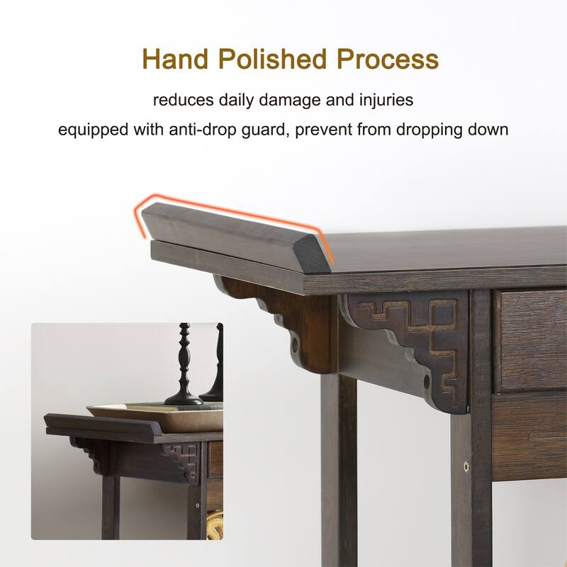 Gold Relief Dragon Totem Brown Console Table Entryway Table with Drawer and Bottom Shelf - 32.09x12.6x32.28''