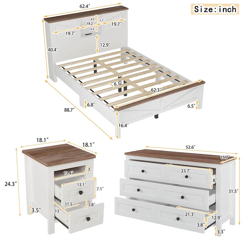 Bedroom Sets Queen Size Platform Bed with Charging Station,Nightstand,Dresser(Set of 3)