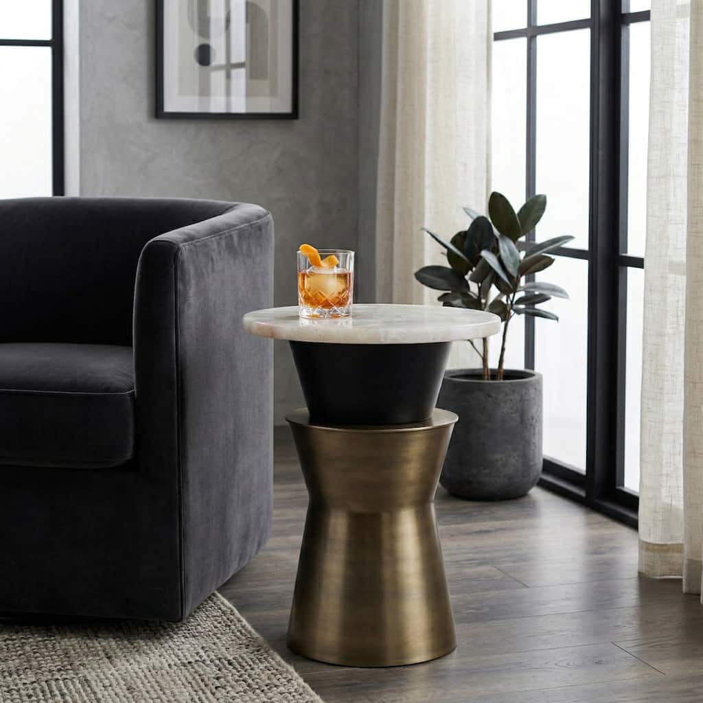 Round Agate Top Accent Side Table with Metal Base - 20", Gold & White - 20.0"