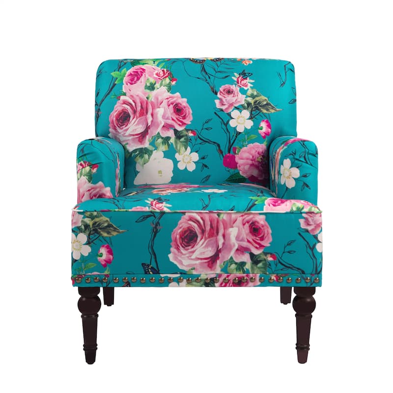 Stripe Linen Accent Arm Chair with Nailhead Trim and Wood Legs