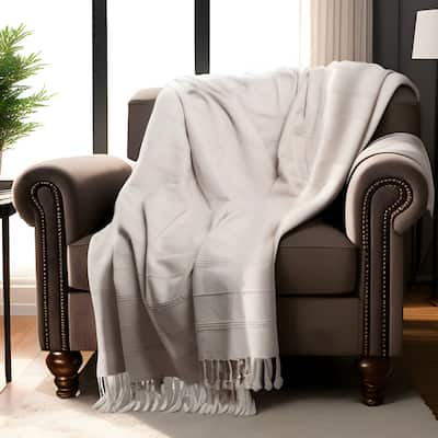 HomeRoots Beige Woven Cotton Striped Throw Blanket