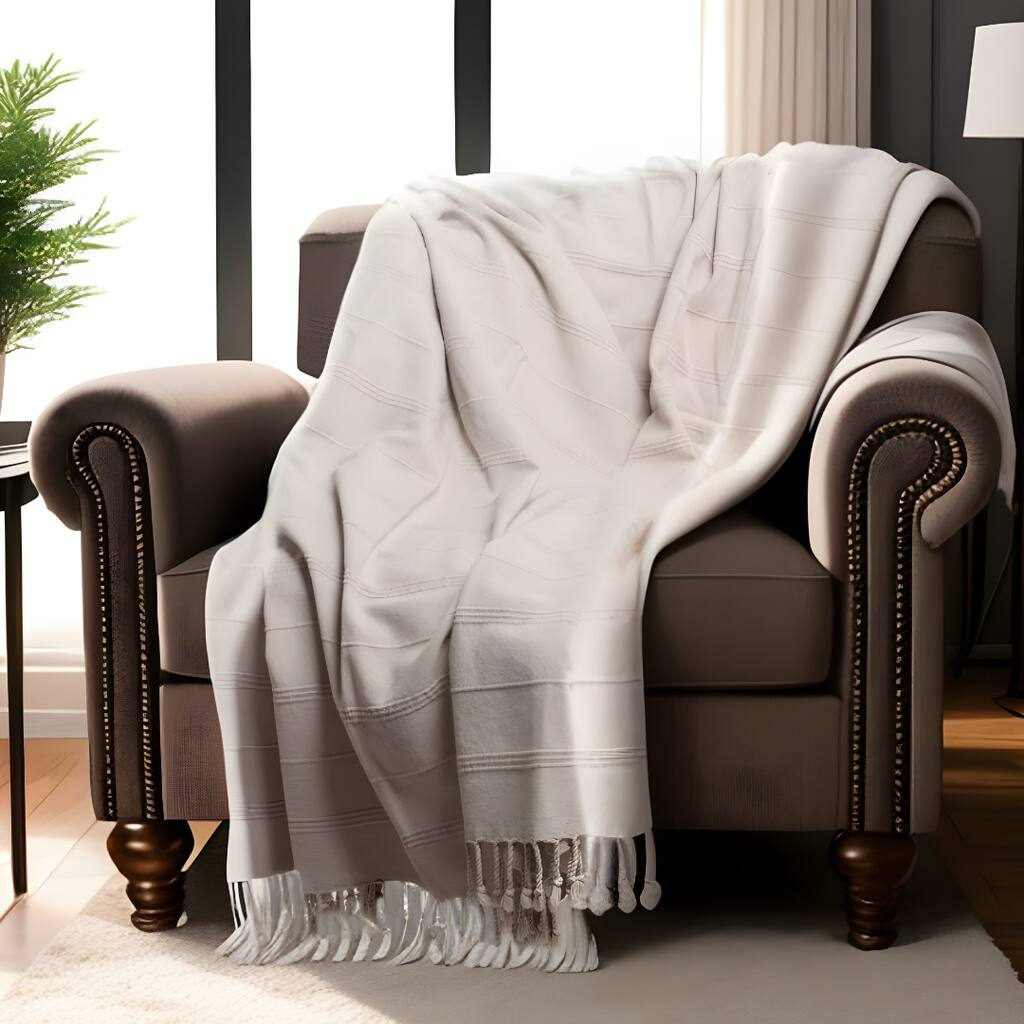 HomeRoots Beige Woven Cotton Striped Throw Blanket