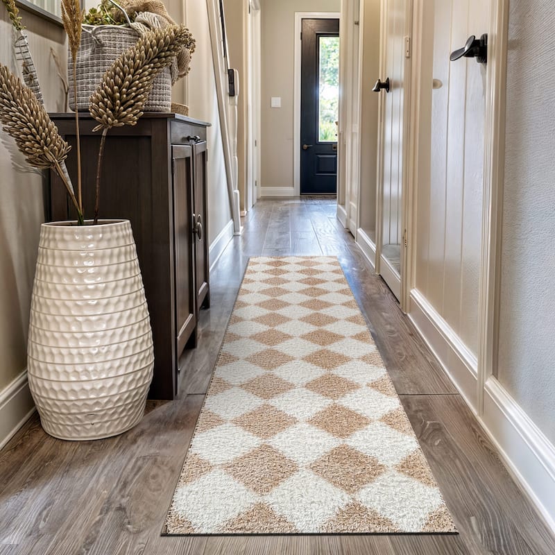 Diamond Wave Shag Rug - Cozy Feel for Living Room, Bedroom, or Entryway - Anthracite Dark Gray - Medium Pile - Beige - 2' 3" x 12'