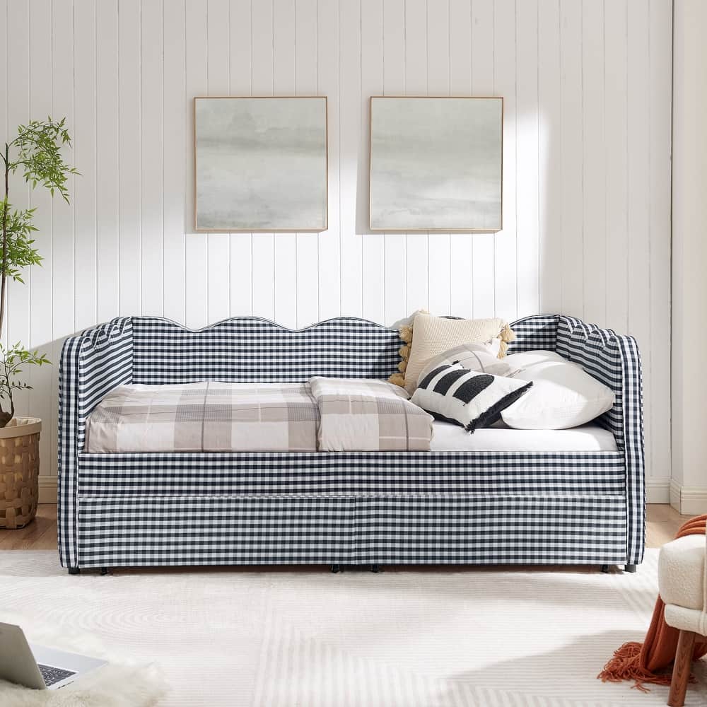Full/Queen Gingham Daybed with 2 Storage Drawers, USB Port & Wave Shaped Linen Fabric