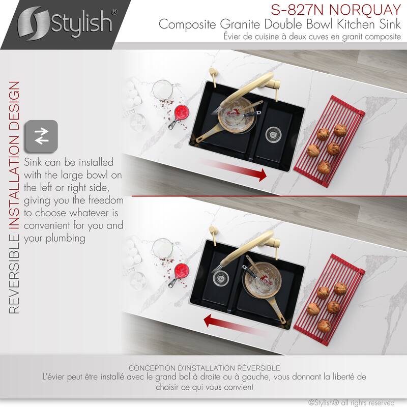 STYLISH 27 inches L x 18 inches W Double Bowl 60/40 Dual Mount Composite Granite Kitchen Sink - 27" x 18" x 9.5"