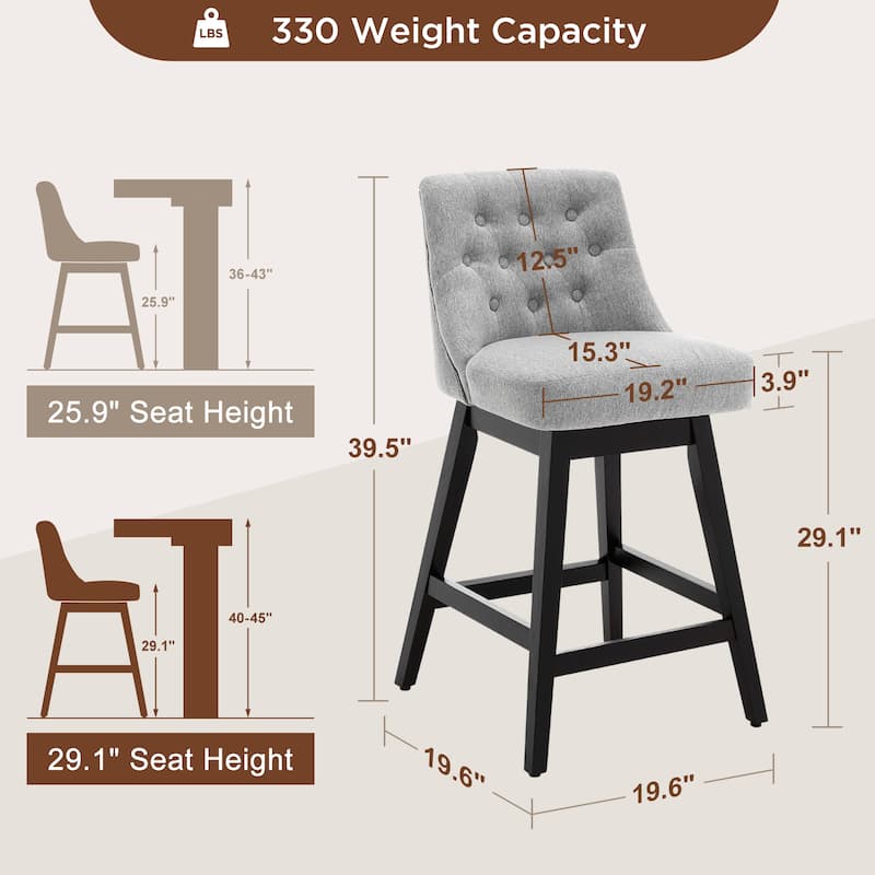 26"/29" Upholstered Swivel Counter and Bar Height Stools Solid Wood Frame (Set of 4)