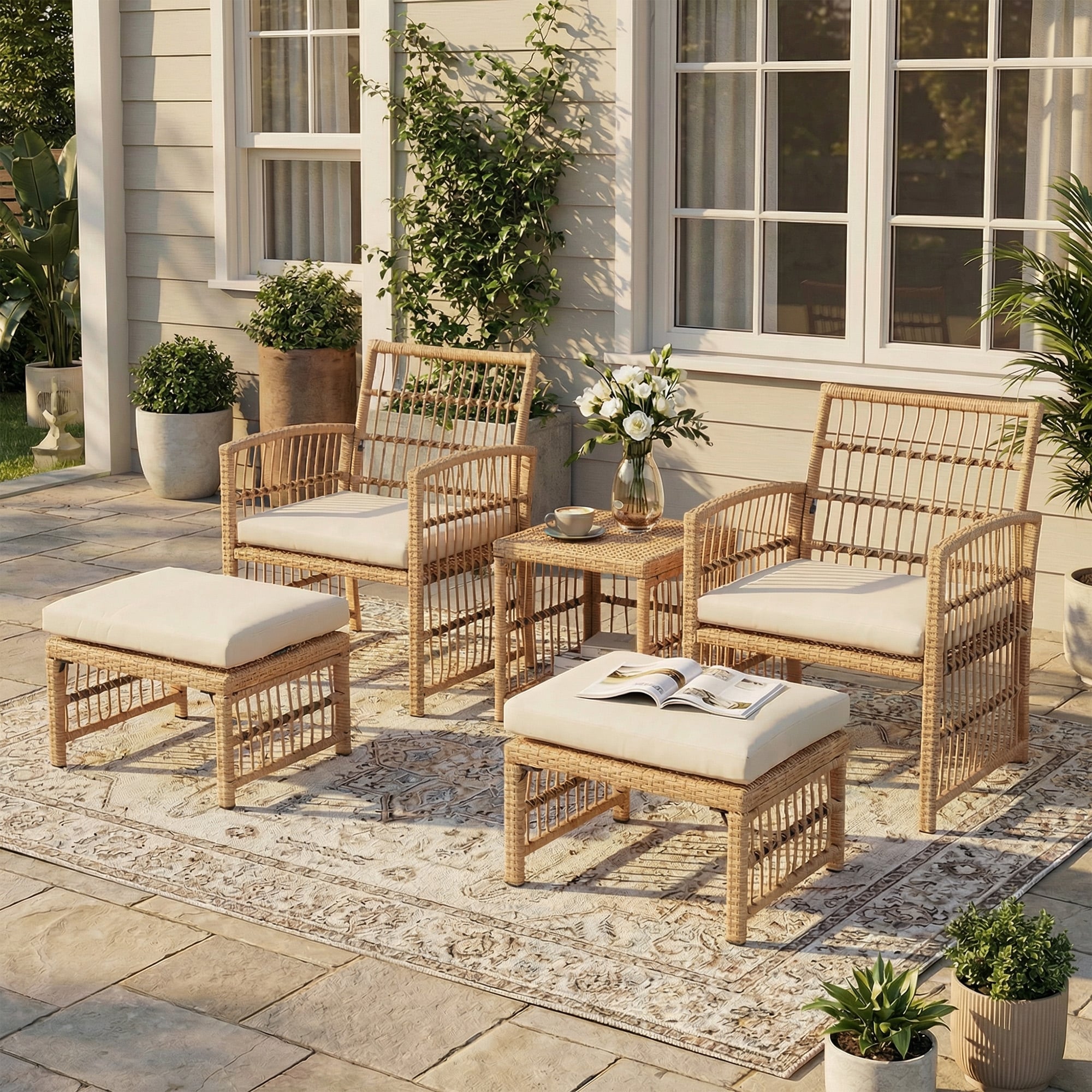 5-Piece Outdoor PE Wicker Conversation Set with Ottomans, Iron Frame, Beige Polyester Cushions