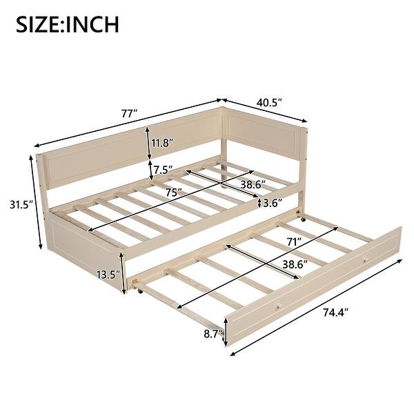 dimension image slide 1 of 2, Twin Size Wood Daybed with Trundle and Guardrail, Solid Pine Frame, No Box Spring Required, Vintage Style for Bedroom, Beige